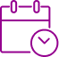 Icône de calendrier violet avec horloge en bas à droite, symbolisant la planification et les rendez-vous.